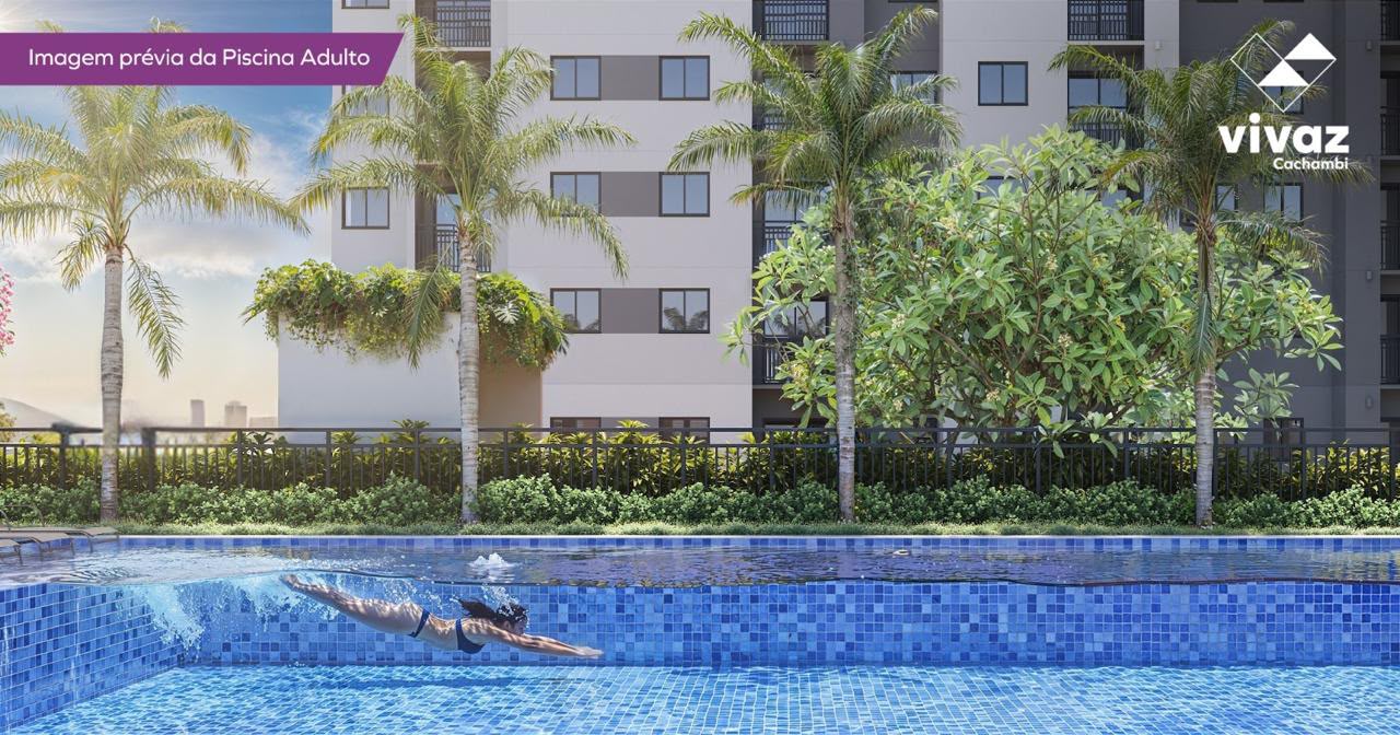 Área de lazer com piscina do condomínio Vivaz Cachambi, no Rio de Janeiro