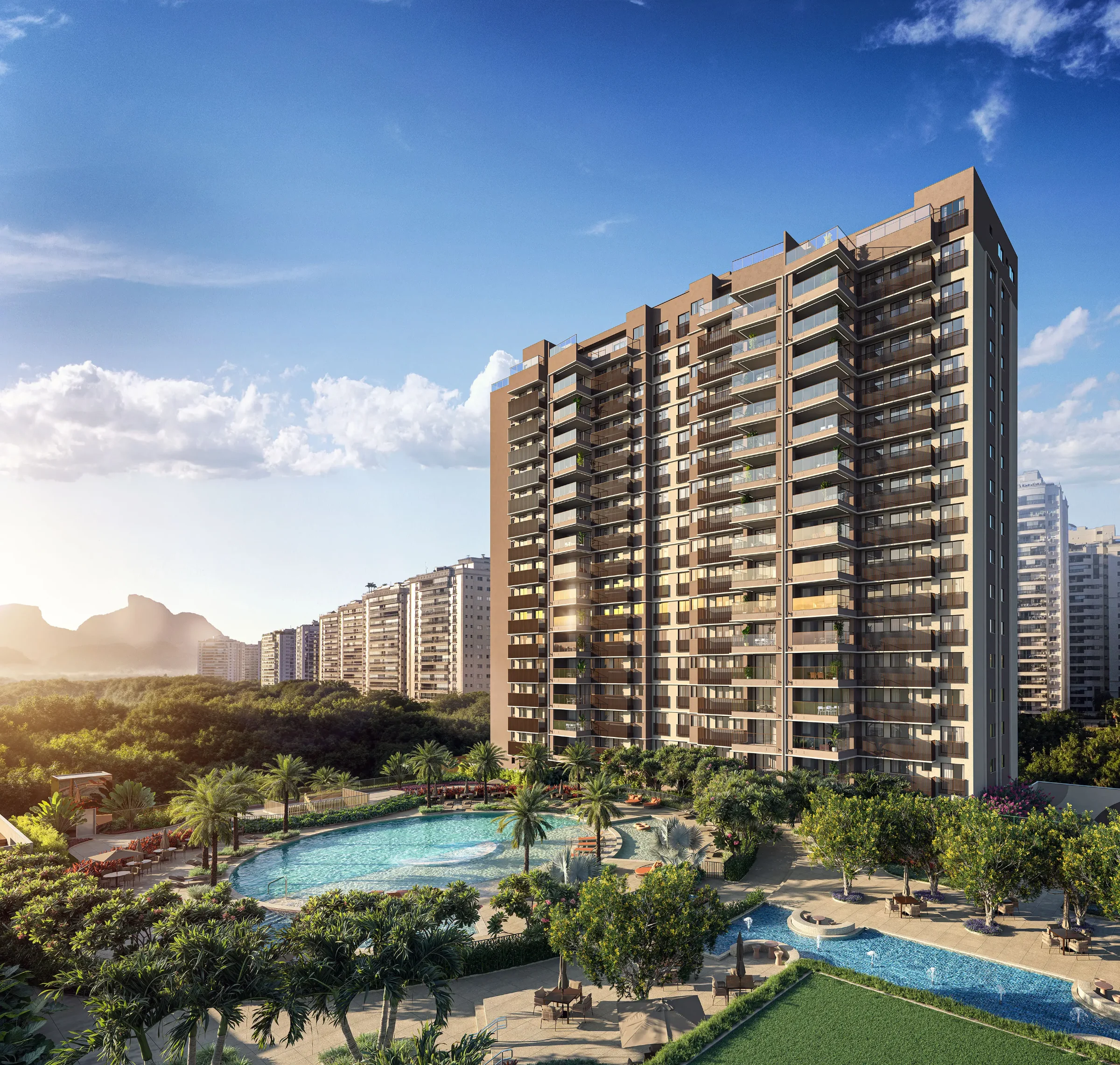 Perspectiva do Endless Península by EDSA, empreendimento residencial na Barra da Tijuca com piscinas e área de lazer